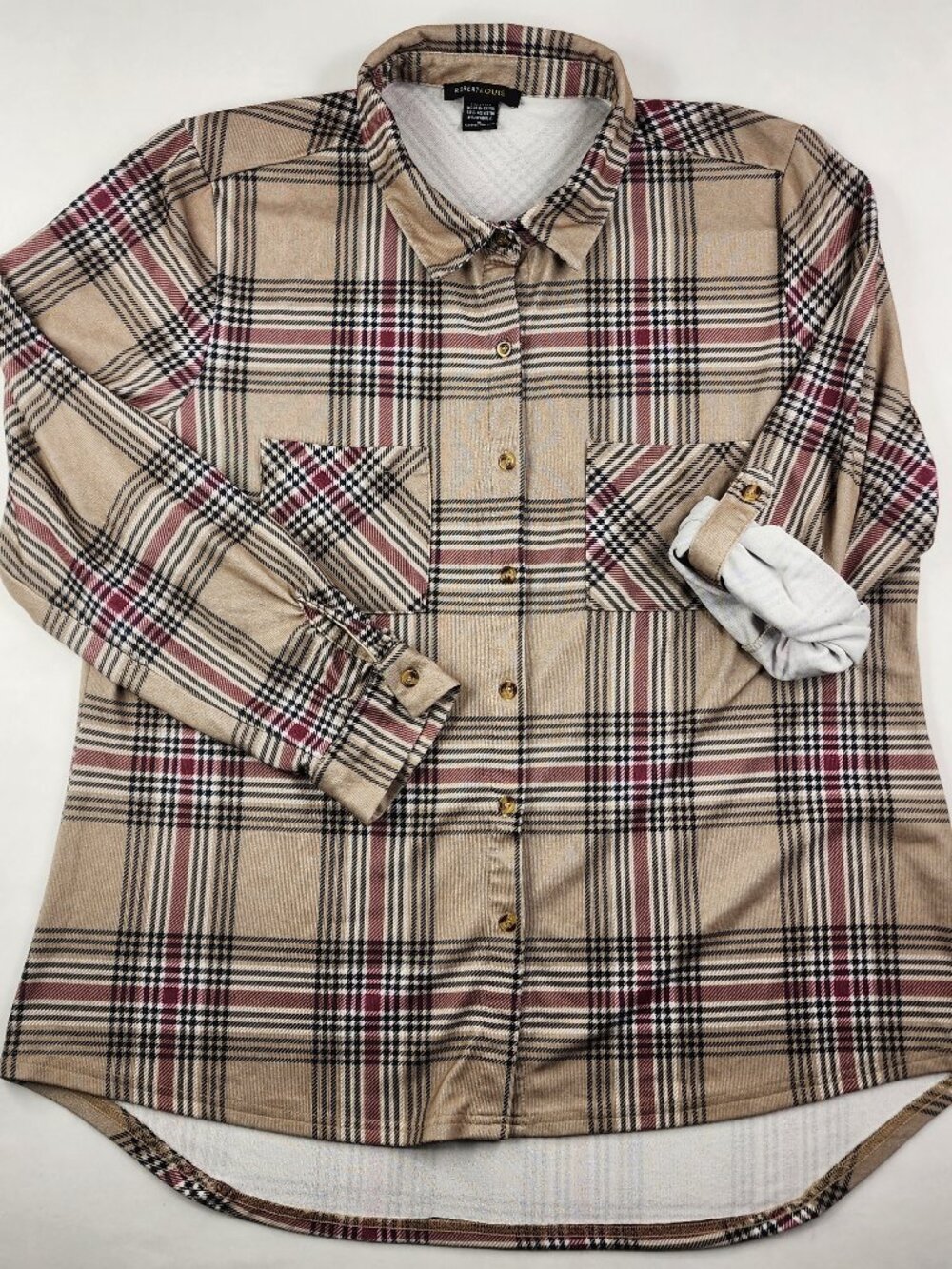 Robert Louis Womens XL Tan Brown Burgundy Plaid Button Front Stretch Shirt EX